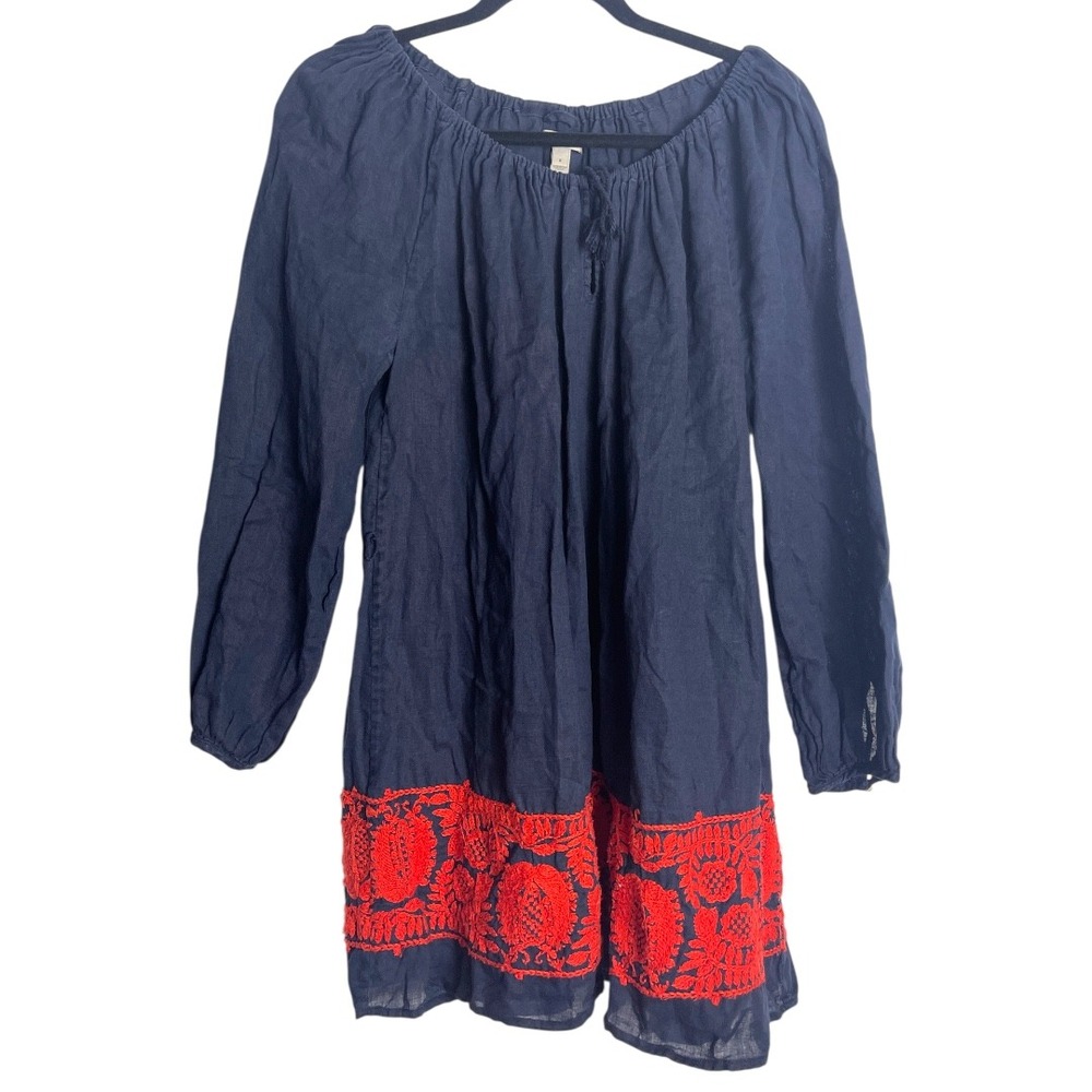 J. Crew Navy Blue Linen Embroidered Puff Sleeve Mini Peasant Dress S
